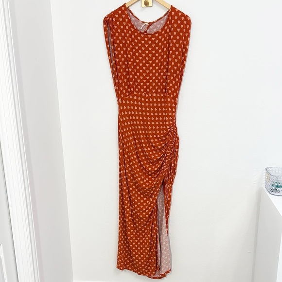 FREE PEOPLE Lakeside Heart MIDI Dress Orange High gathered Slit EUC Size small - Picture 3 of 9